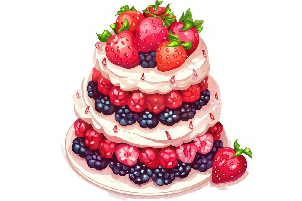Illustration of wedding cake strawberry blueberry dessert.