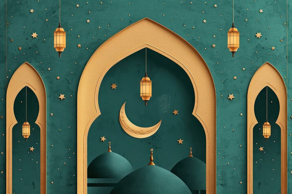Illustration design Eid Mubarak day arch moon architecture.