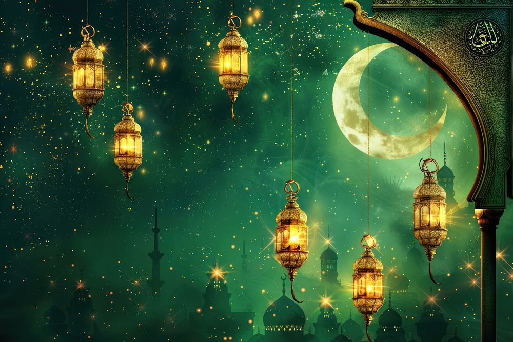 Illustration design Eid Mubarak day chandelier lighting outdoors.