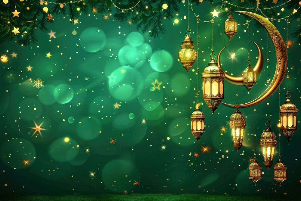 Illustration design Eid Mubarak day green chandelier christmas.