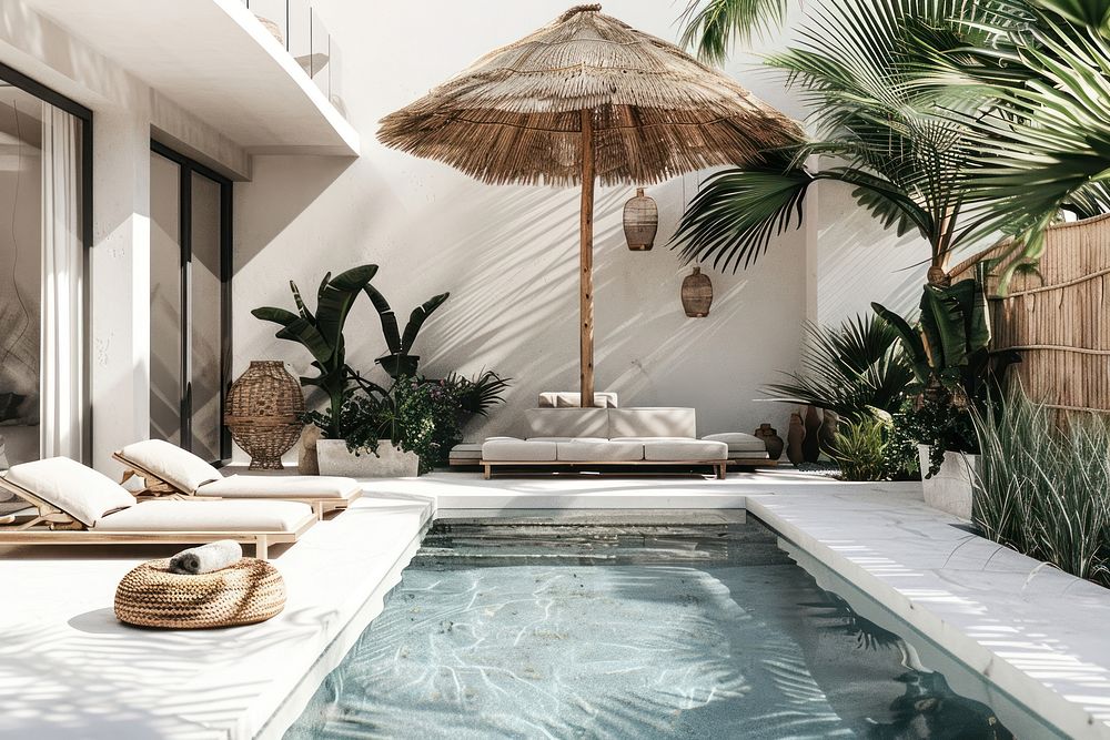 Modern minimalistic swimming pool plant architecture furniture.