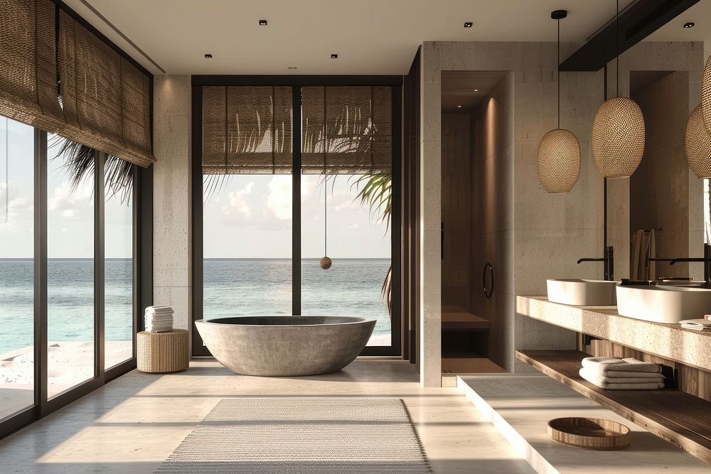 Modern bathroom indoors bathing bathtub.