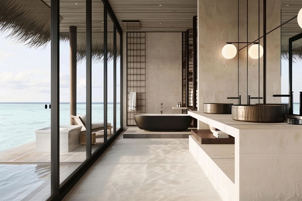 Modern bathroom furniture indoors bathing.