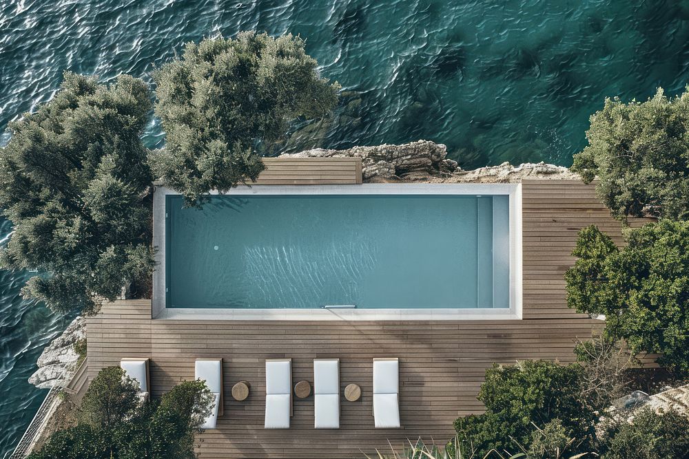 Minimalistic hotel pool outdoors sea blackboard.