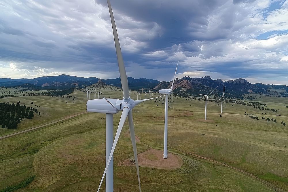 Drone view of wind turbines outdoors windmill machine.