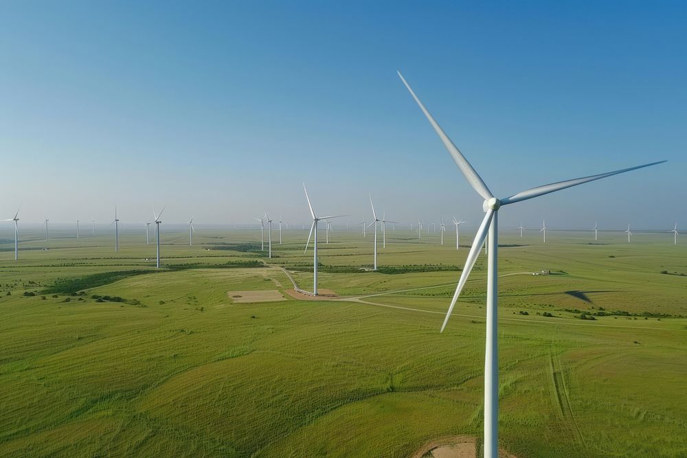 Drone view of wind turbines outdoors windmill machine.