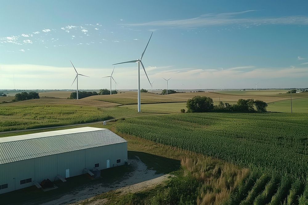 Drone view of wind turbines rural transportation countryside.