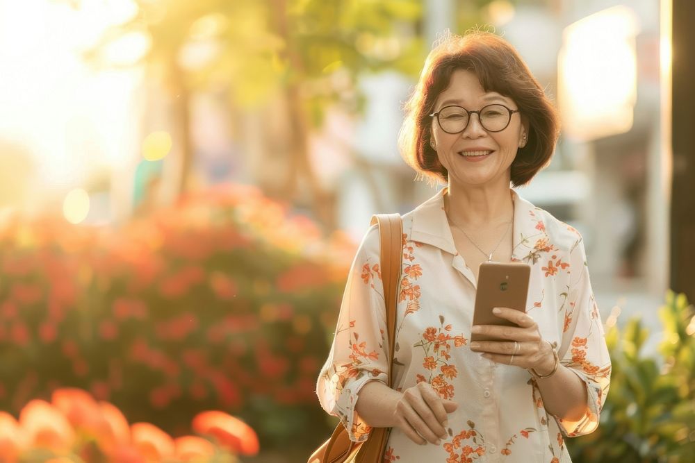 Woman using mobile phone smile photo accessories.