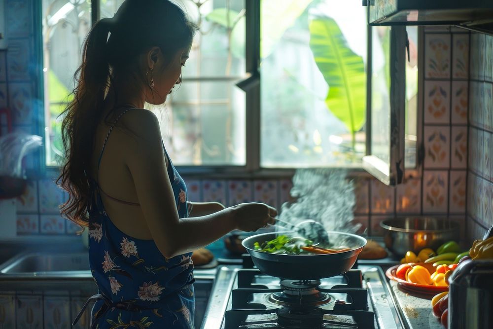 South Asian women cooking kitchen food.
