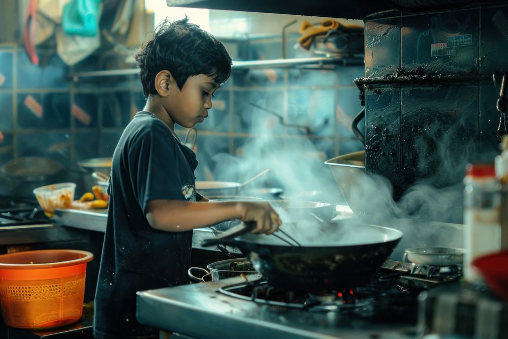 South Asian boy cooking kitchen food.
