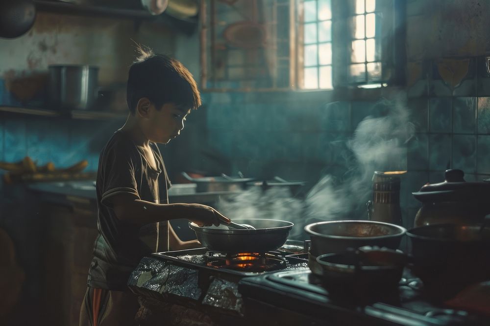 South Asian boy cooking kitchen food.