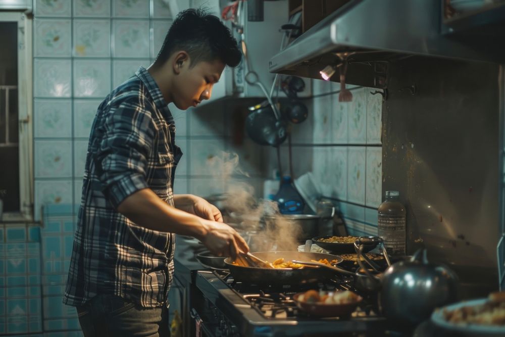 South Asian man cooking kitchen food.