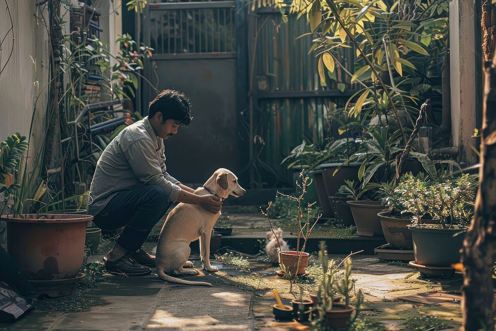 South asian man garden dog gardening.
