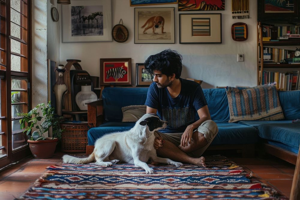 South asian man dog architecture furniture.