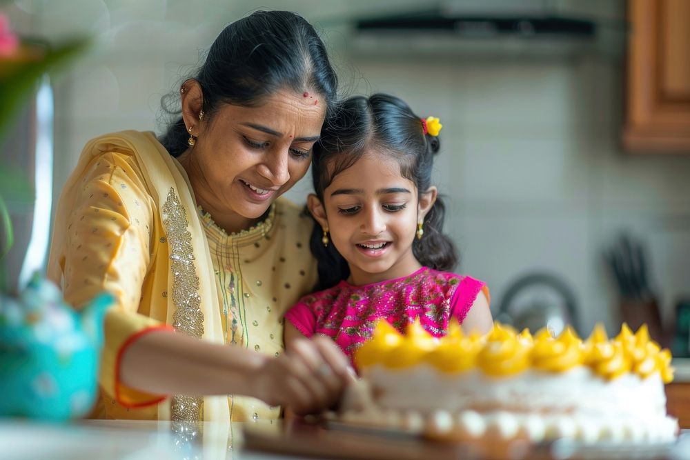 South Asian mom and girl cake festival dessert.