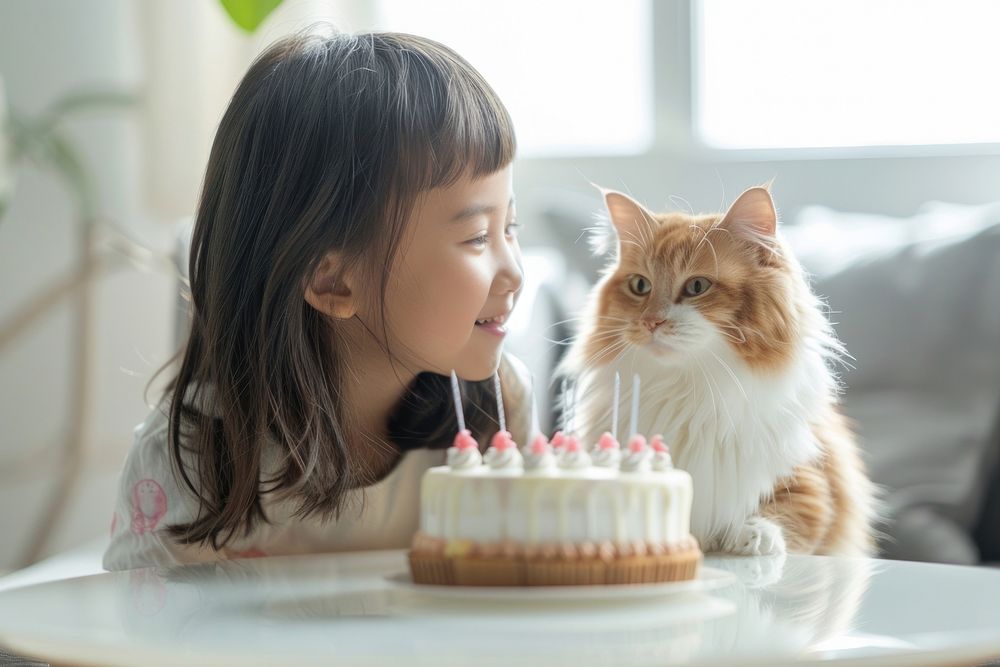 South asian girl and cat cake birthday cake dessert.