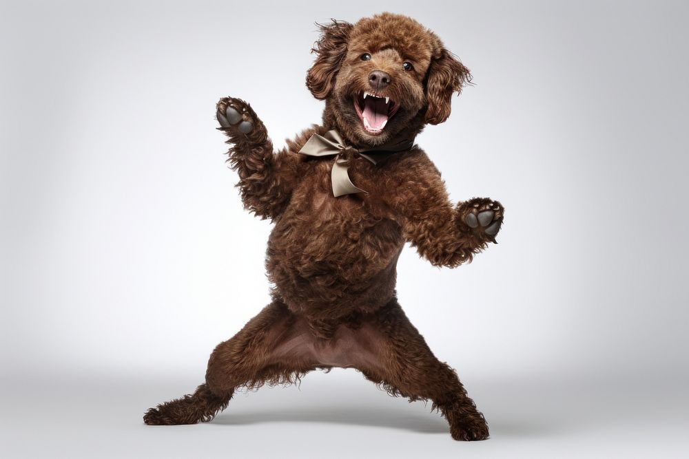 Happy smiling dancing brown poodle mammal animal dog.