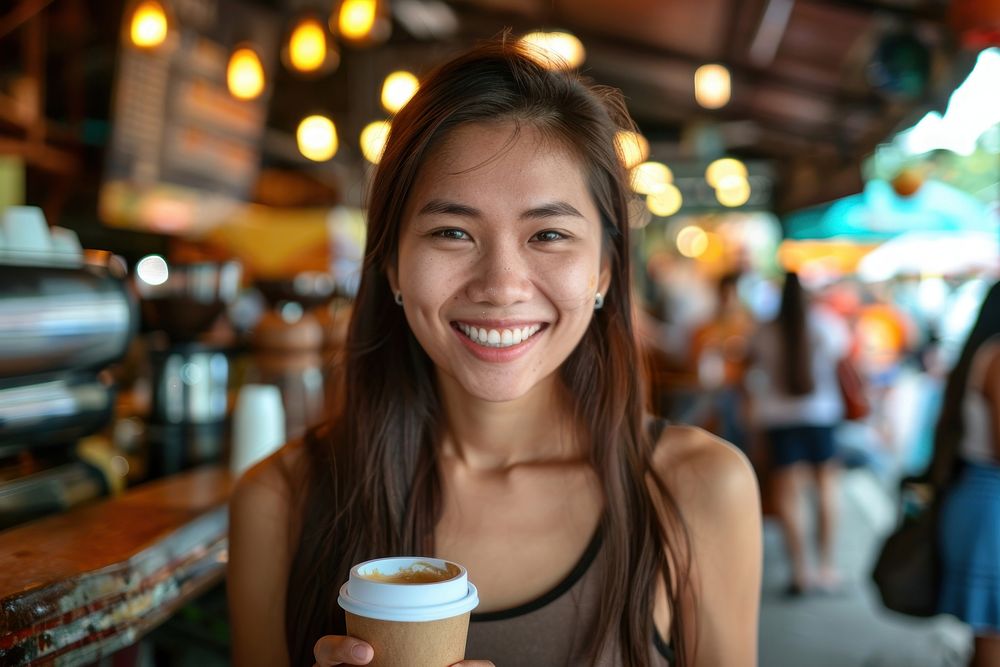Happy south east asian woman coffee happy photo.