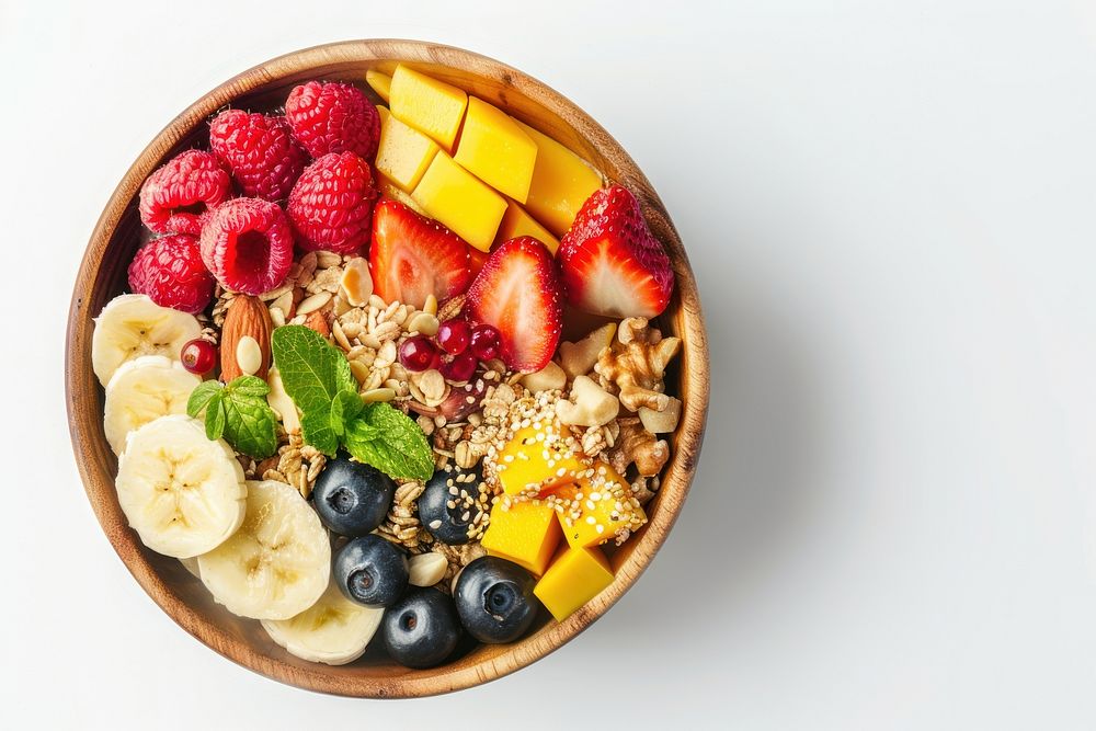 Photo of Vegan breakfast bowl produce granola plate.
