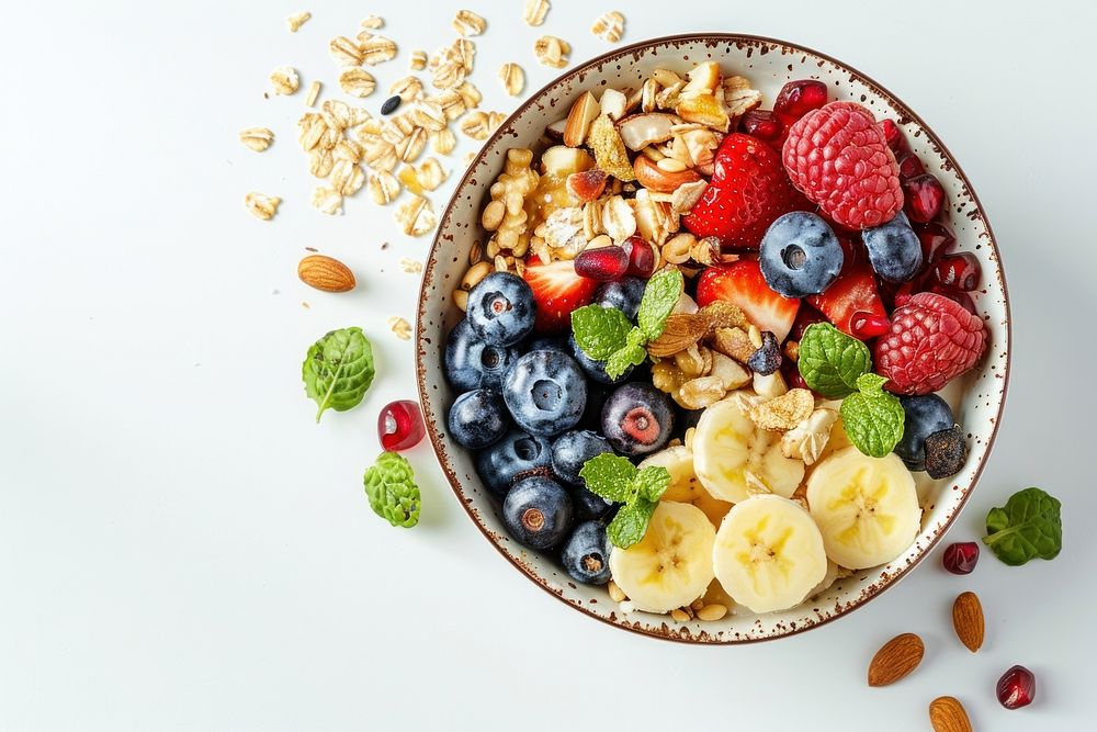 Photo of Vegan breakfast bowl blueberry produce plate.