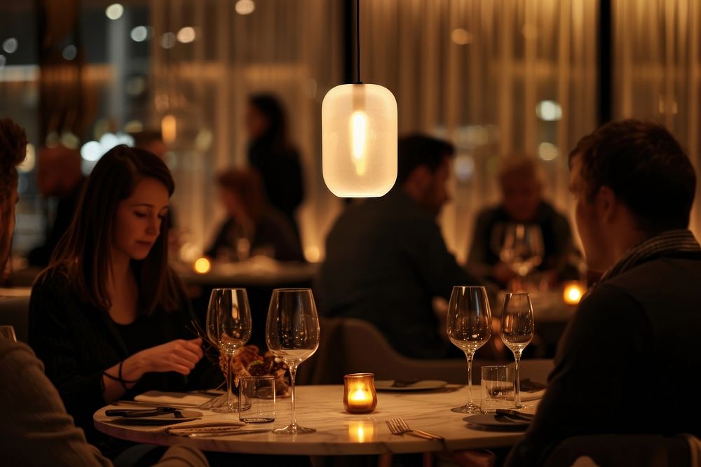 People dining in a restaurant table glass room.