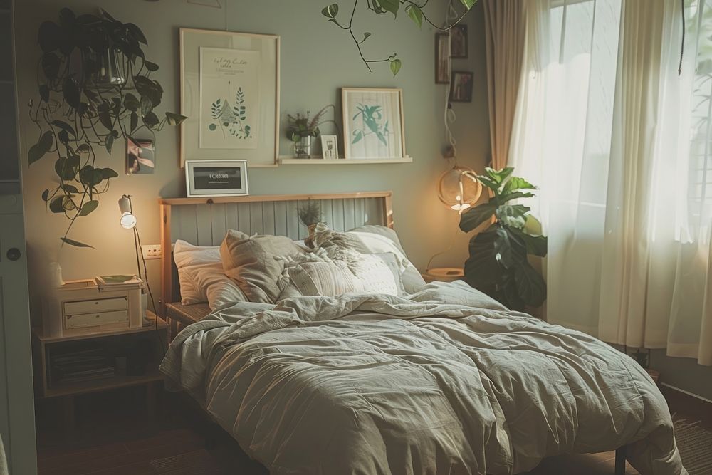 Scandinavian style cozy bed room furniture painting bedroom.