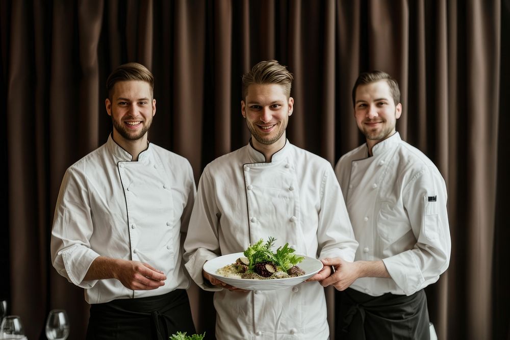 Three smiling white male chefs person waiter adult.
