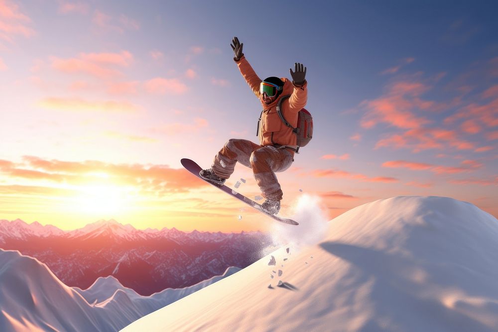 Snowboarder jumping snowboarding accessories recreation.