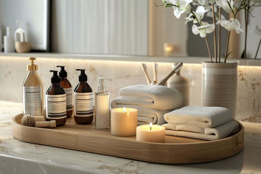Beautiful Spa treatment set in minimal bathroom interior spa candle.