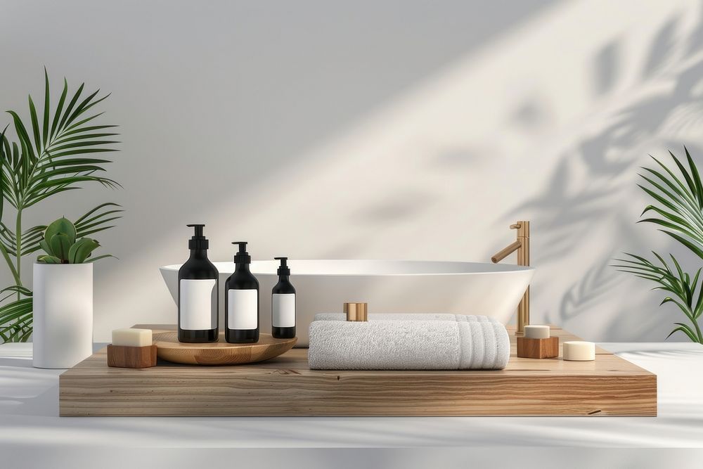 Beautiful Spa treatment set in minimal bathroom interior bathing bathtub indoors.