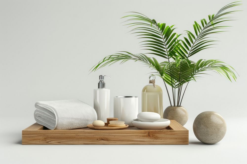 Beautiful Spa treatment set in minimal bathroom interior furniture pottery plant.