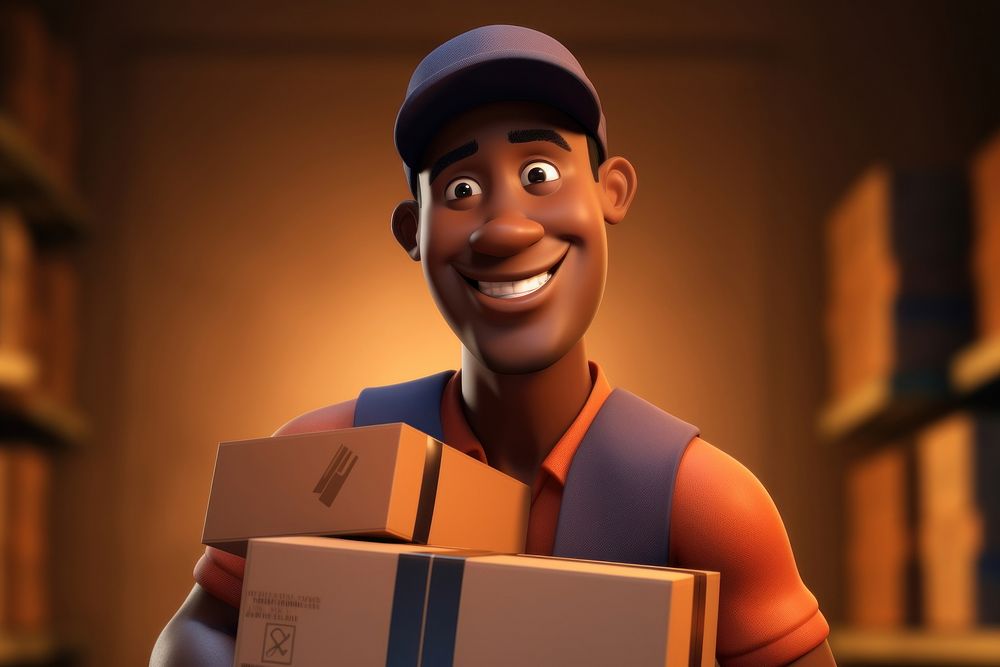 Cartoon delivery guy cardboard box package.