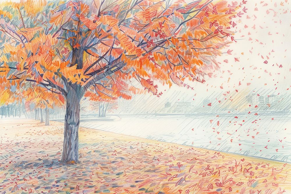 Park in autumn tree illustrated drawing.