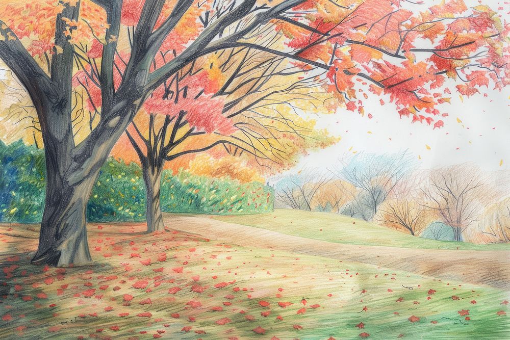 Park in autumn tree vegetation painting.