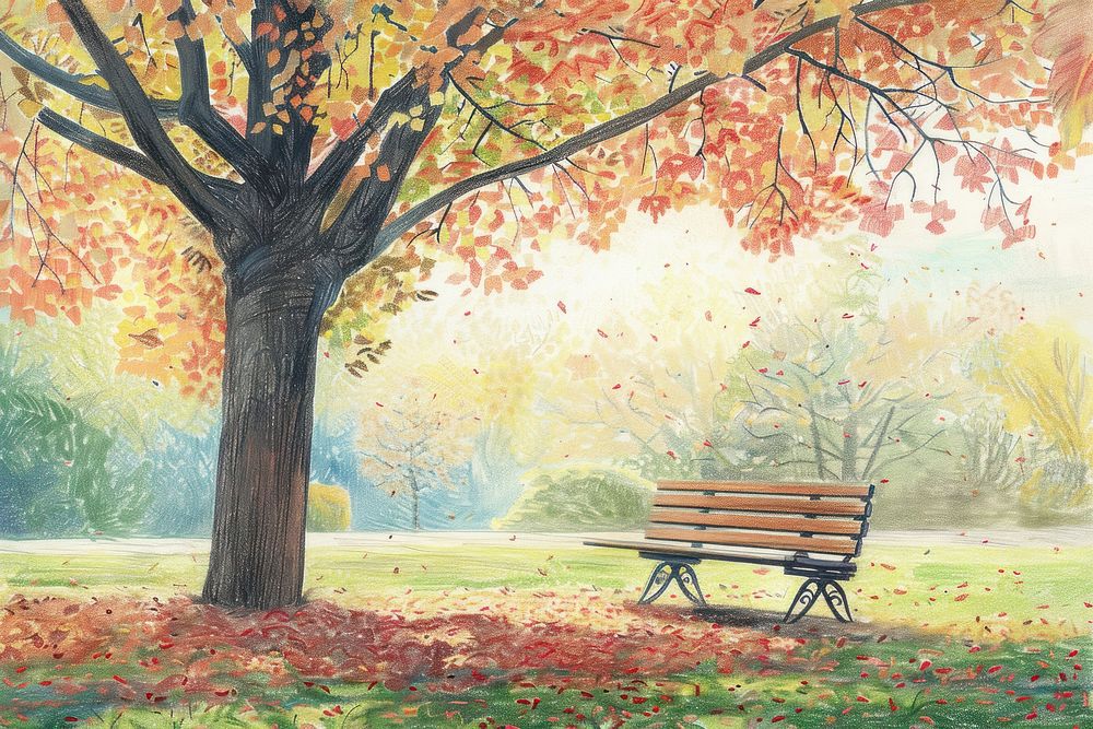 Park in autumn tree blackboard furniture.