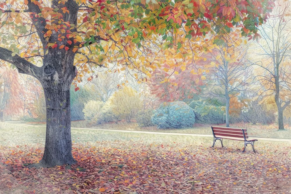 Park in autumn furniture bench fall season.