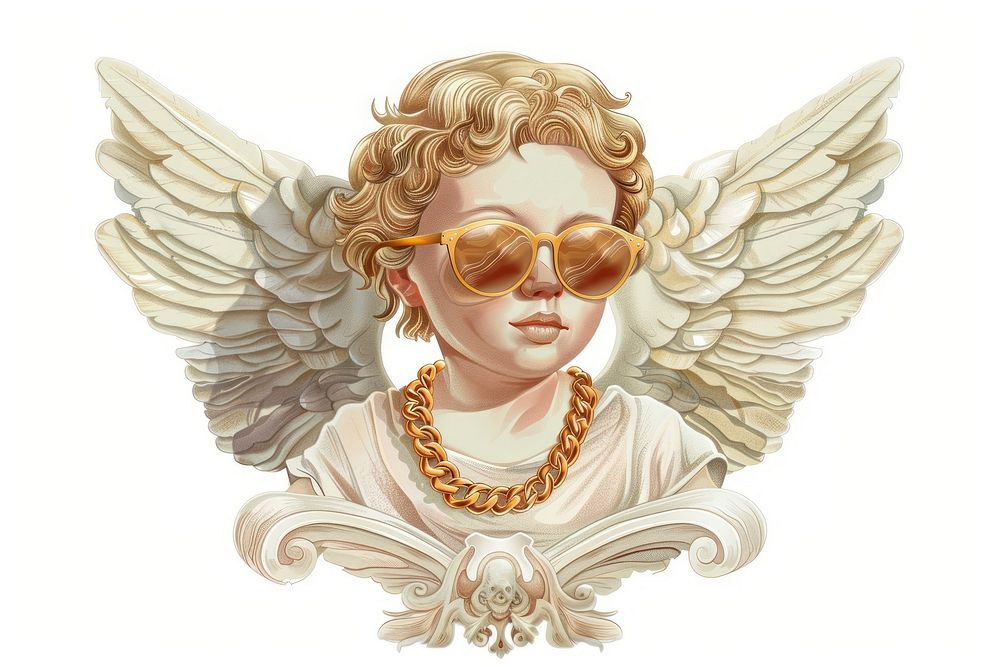 Characters Vector illustration of vintage cherub angel in sunglasses and gold necklace accessories accessory archangel.