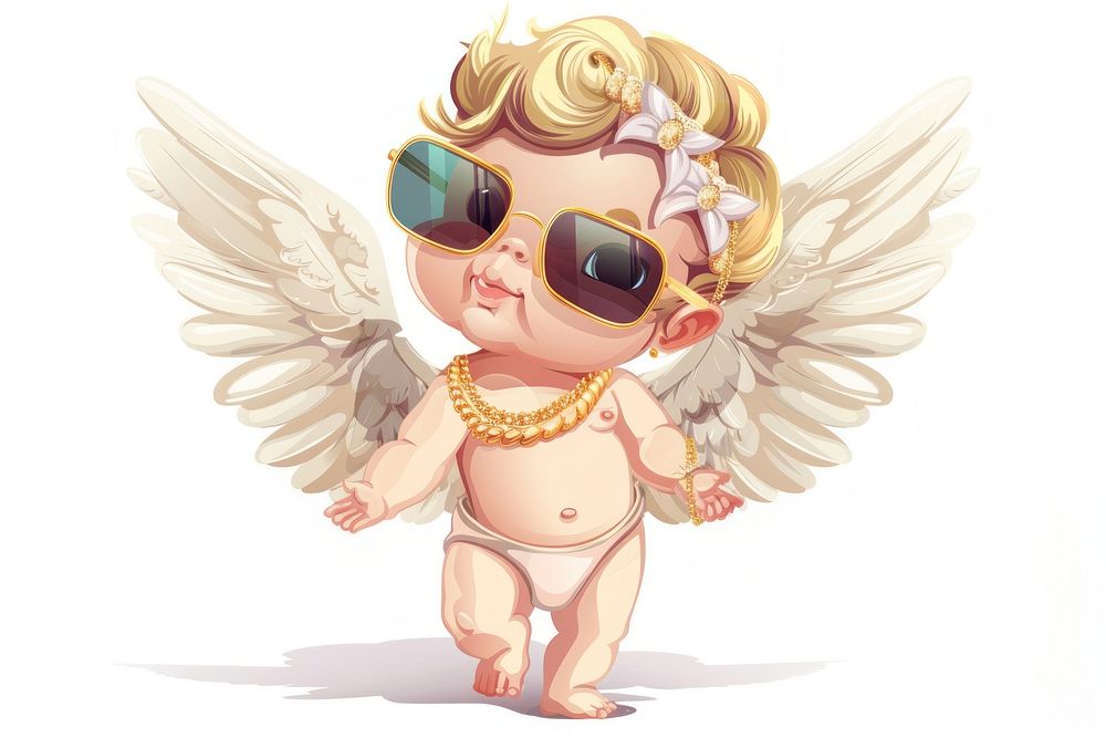 Characters Vector illustration of vintage cherub angel in sunglasses and gold necklace accessories archangel accessory.