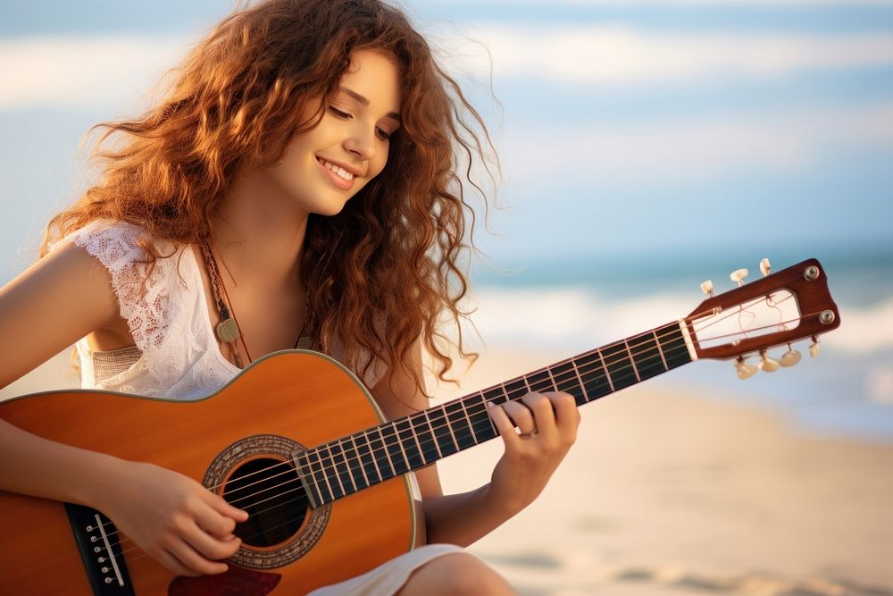 Girl playing guitar recreation guitarist performer.