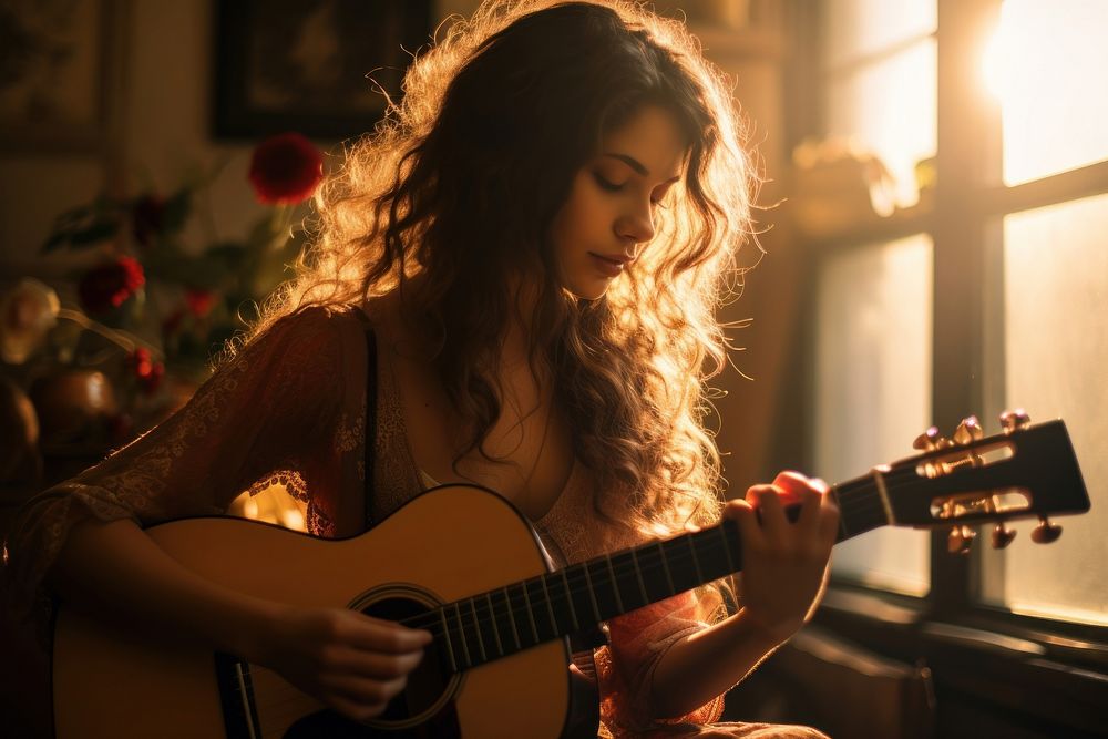 Girl playing guitar recreation guitarist performer.