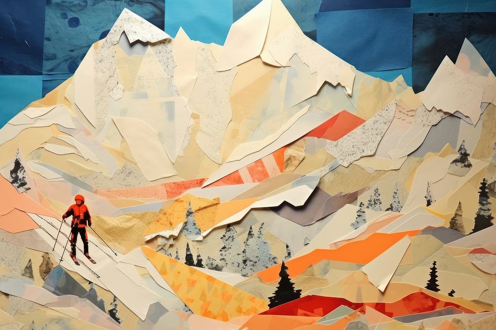 Skiing with mountains painting collage outdoors.
