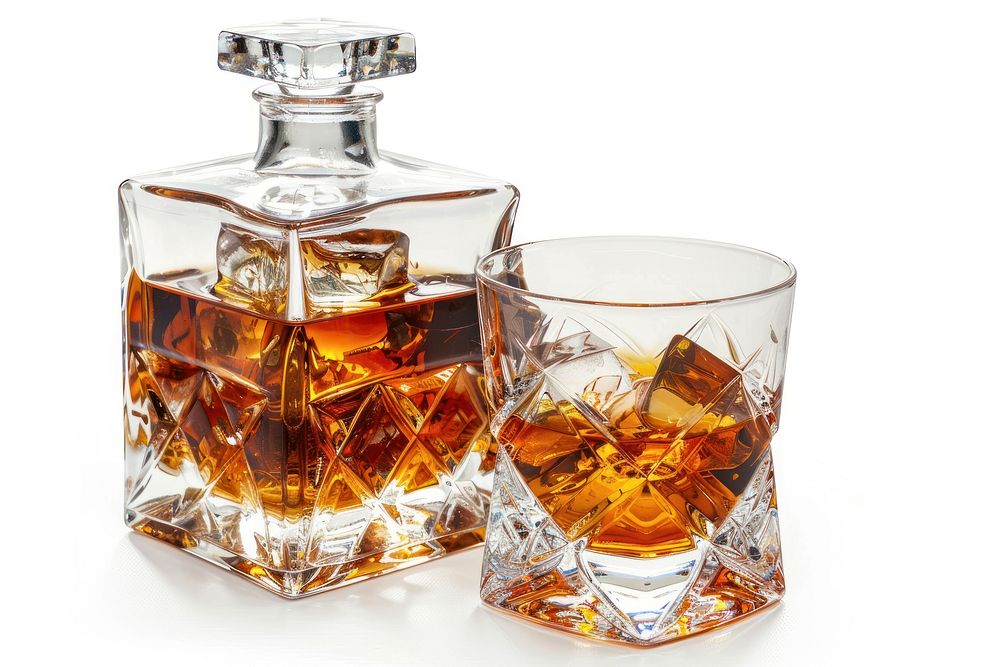 Glass of whiskey with ice and a square decanter glass cosmetics beverage.