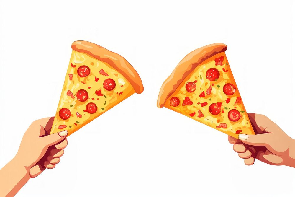 Flat vector illustrations Hand holding taking triangle pizza slices food ketchup.