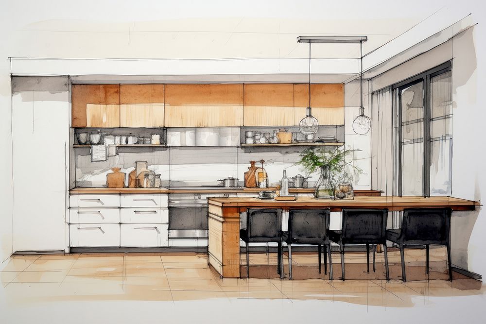 Kitchen interior design in style pen and ink architecture furniture building.