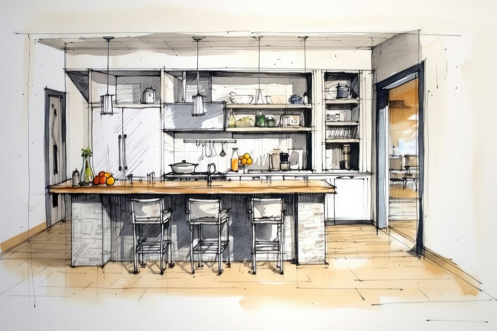 Kitchen interior design in style pen and ink accessories furniture accessory.