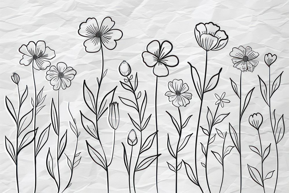 Hand drawn line botanical with trendy wildflowers illustrated graphics pattern.