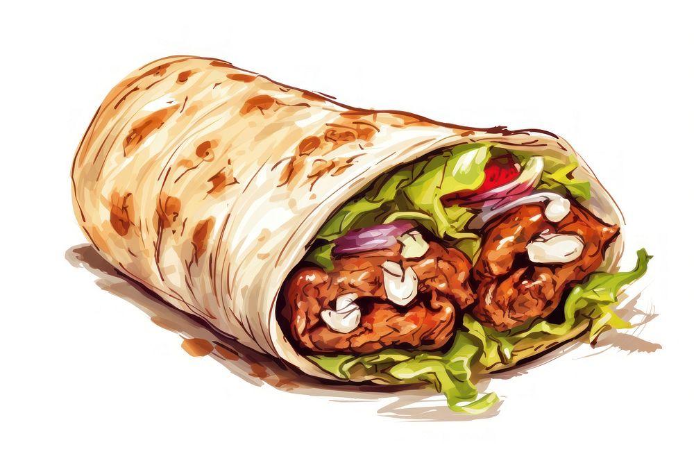 Hand drawn sketch illustration kebab burrito diaper bread.
