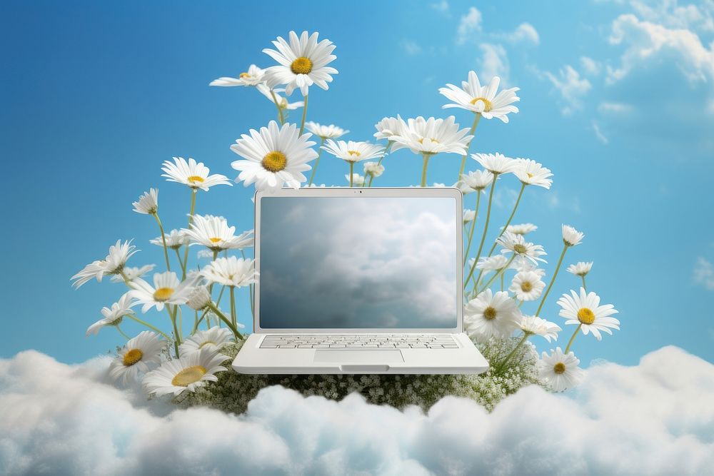 Laptop on podium with daisies electronics asteraceae computer.