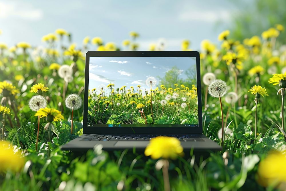 Laptop on podium with dandelions nature electronics asteraceae.