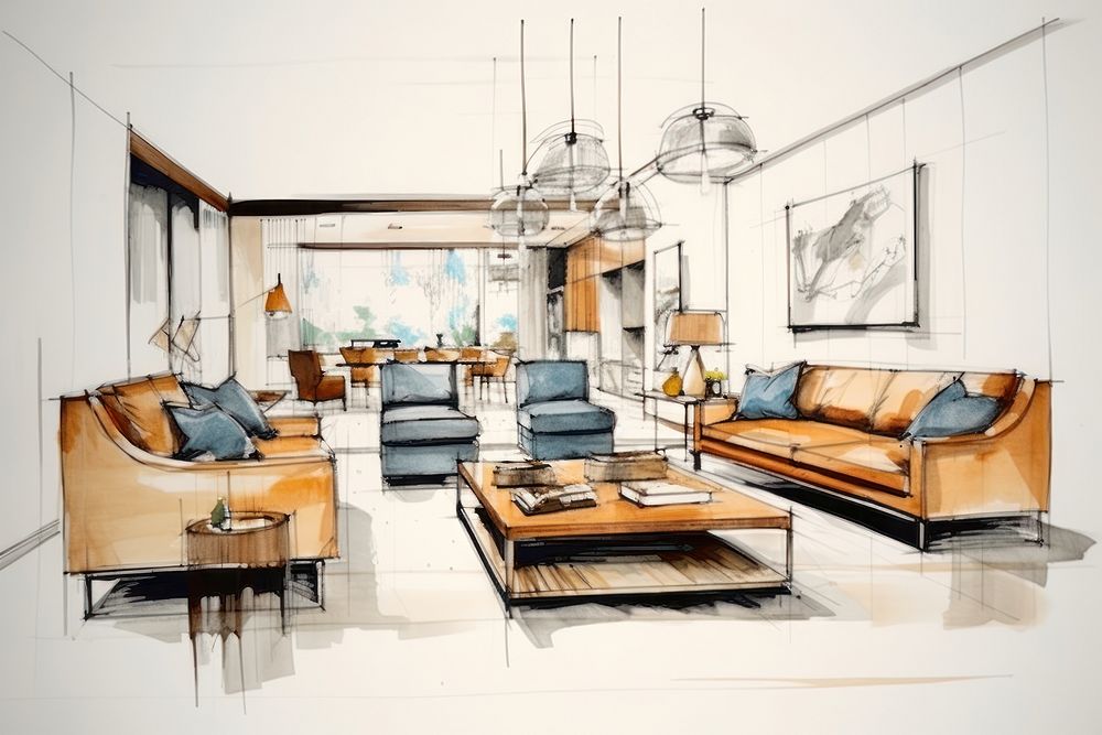 Living room interior design in style pen and ink art architecture publication.
